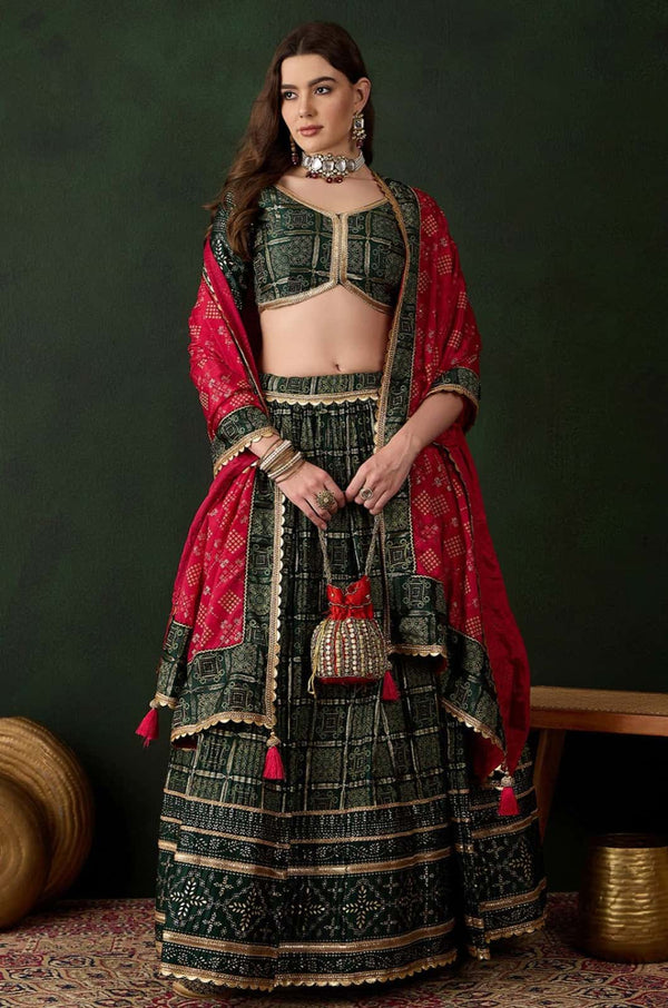 Green Satin Lehenga Choli - SFFK31101