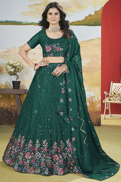 Green Chinnon Wedding Party Lehenga In Flower Pattern SFANJ2948