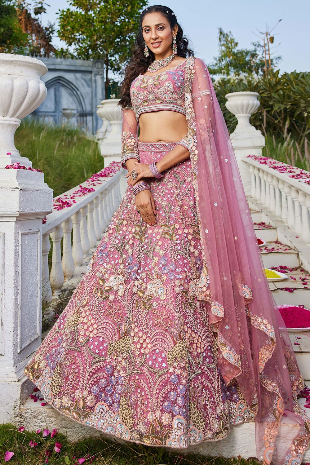 Pink Net Bridal Wedding Designer Lehenga Set SFROY509111
