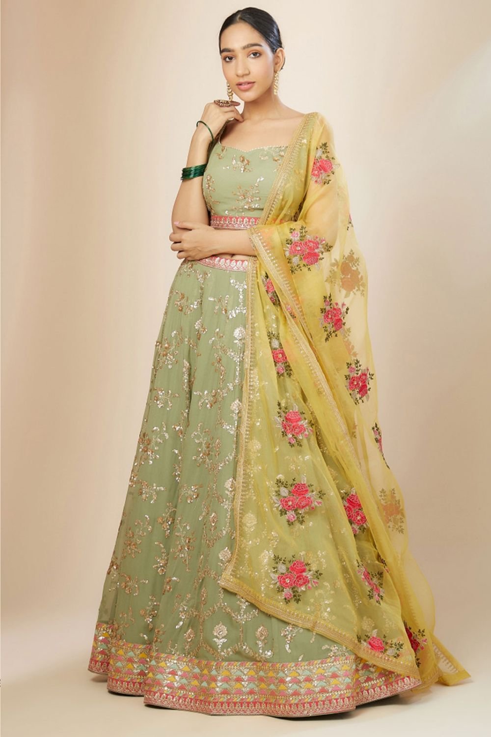 Green Sangeet Georgette Lehenga Choli With Floral Dupatta SFZC4707