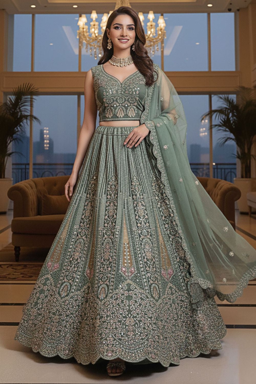 Green Net Lehenga Choli - SFANJ3214