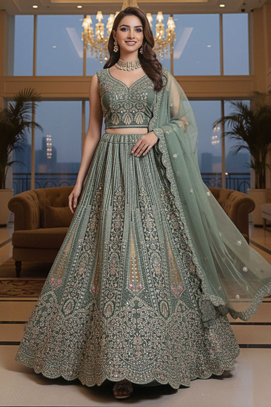 Green Net Lehenga Choli - SFANJ3214