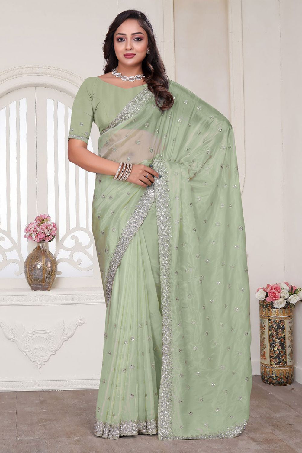 Green Wedding Reception Cocktail Silk Sarees SFNRF59005
