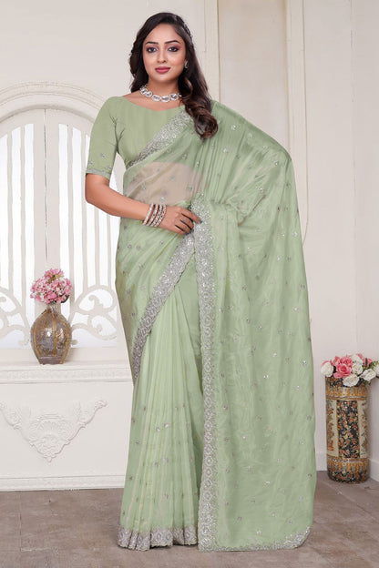 Green Wedding Reception Cocktail Silk Sarees SFNRF59005