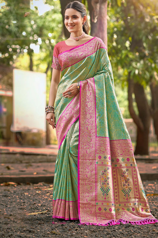 Green Wedding Engagement Silk Saree With Blouse SFSGM119303