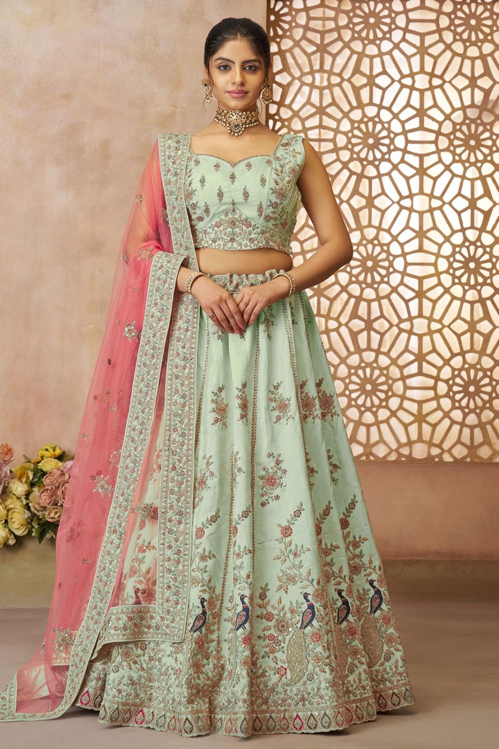 Green Silk Reception Party Wear Lehenga Choli SFRELS4414