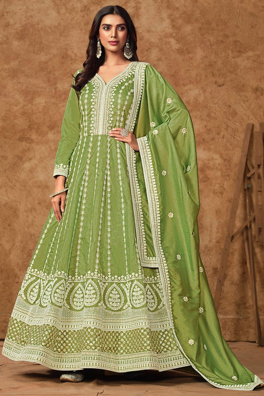 Green Dola Silk Anarkali Suit Sequins Embroidery Work SFDFS33402R