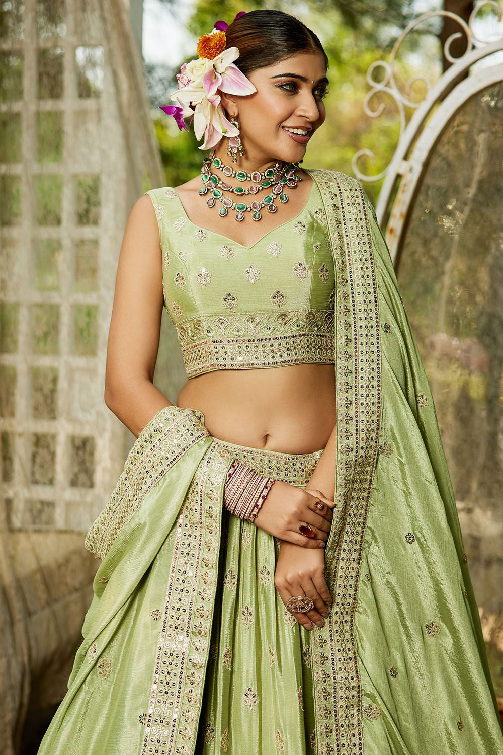Green Wedding Reception Chiffon Lehenga Choli In Chiffon SFFK28501