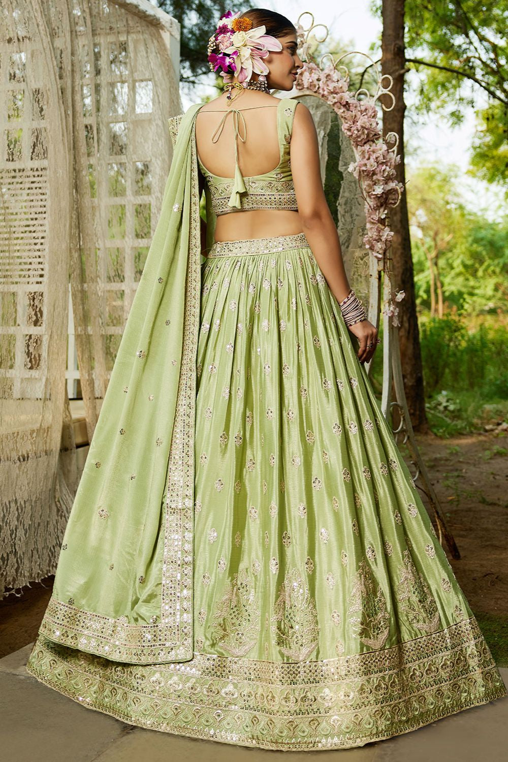 Green Wedding Reception Chiffon Lehenga Choli In Chiffon SFFK28501