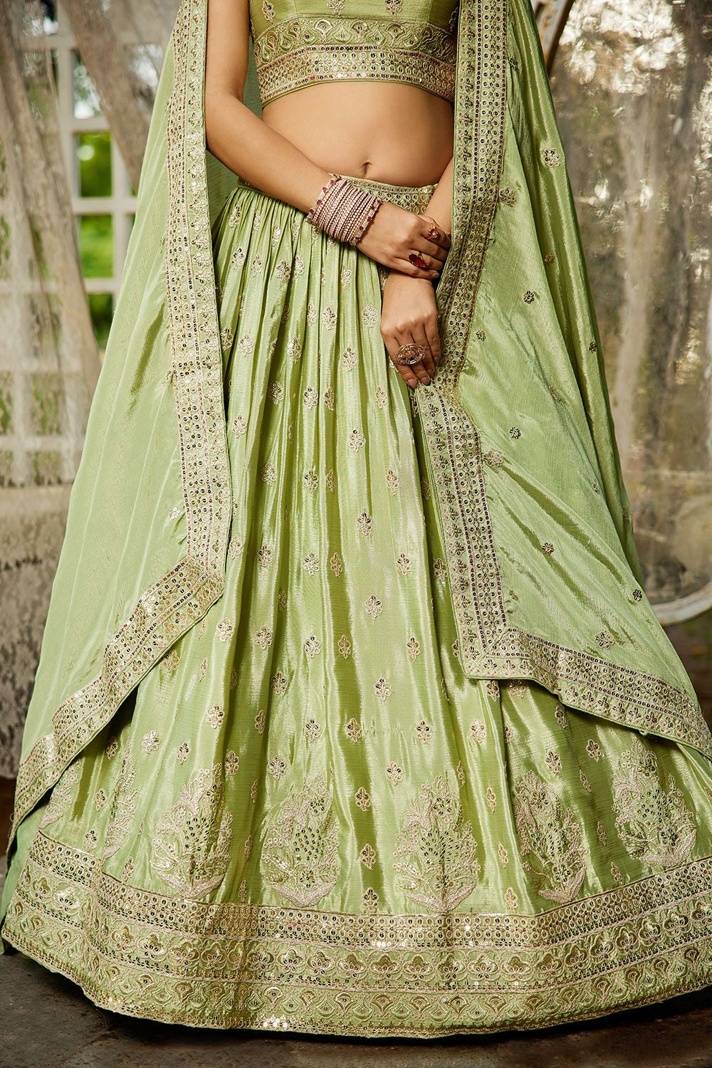 Green Wedding Reception Chiffon Lehenga Choli In Chiffon SFFK28501