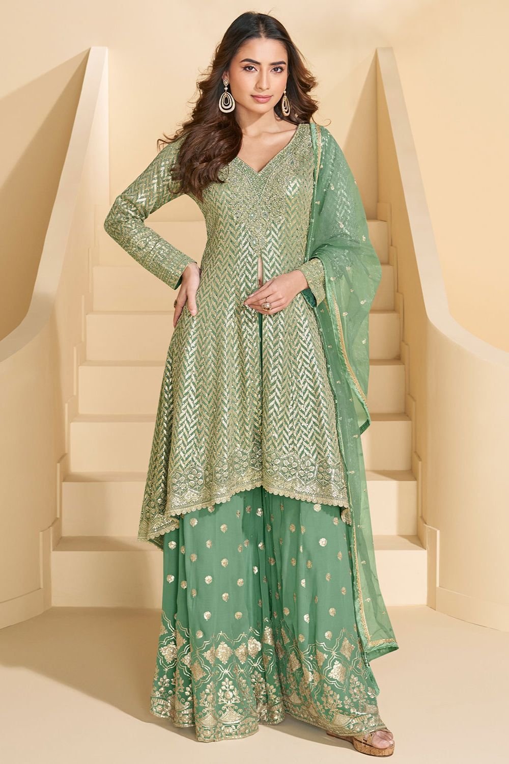 Green Sangeet Partywear Georgette Palazzo Suit SFEDC18201R