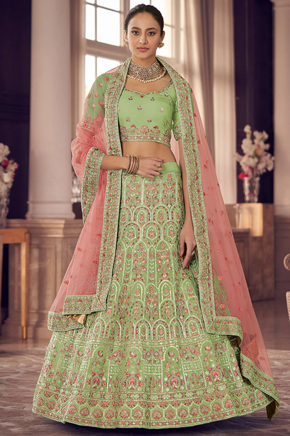 Green Bridal Sangeet Lehenga Choli In Organza  SFARY11922