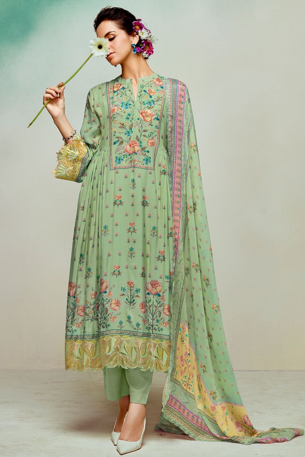 Green Plus Size Embroidered Pure Muslin Salwar Kameez SFYS155203