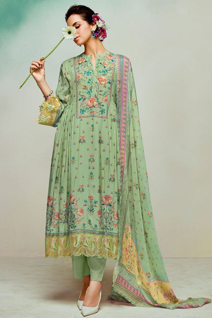 Green Plus Size Embroidered Pure Muslin Salwar Kameez SFYS155203