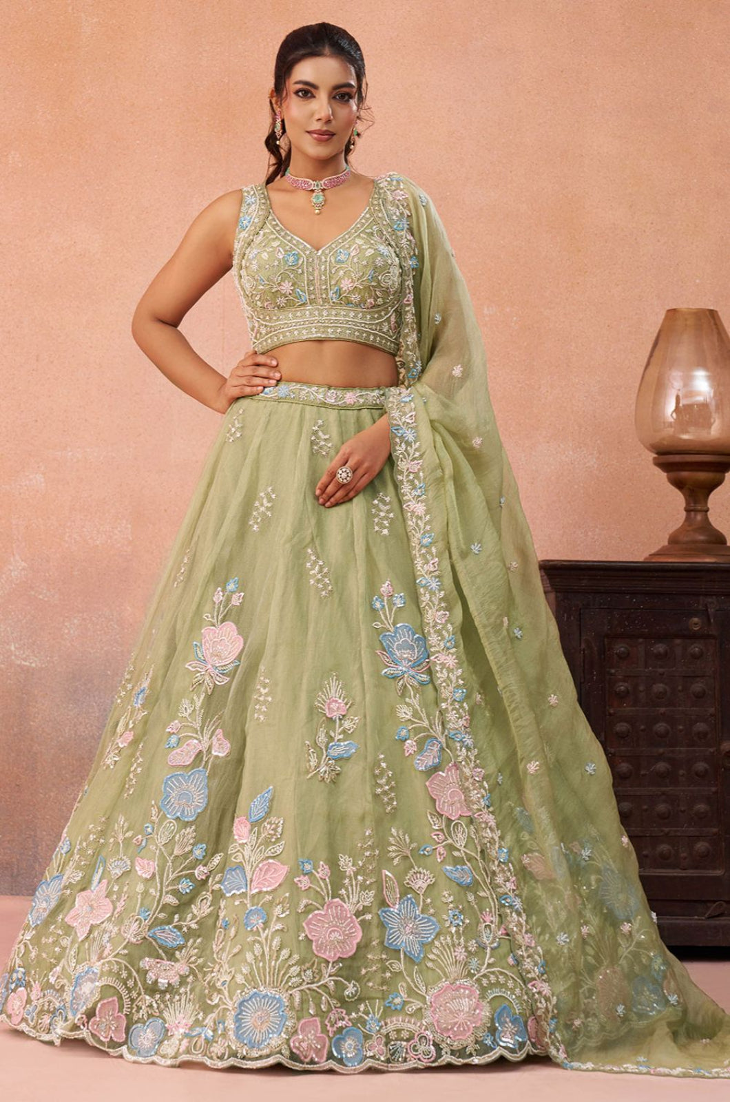 Green Tissue Lehenga Choli - SFROY571714