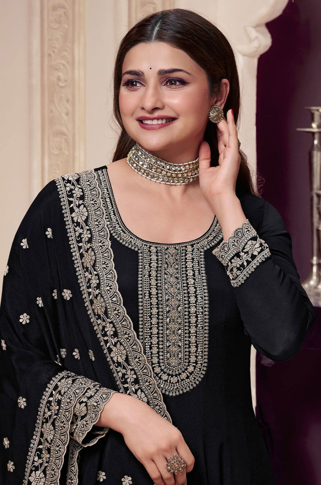 Black Bollywood Anarkali Suit In Chinnon SFEDC16103