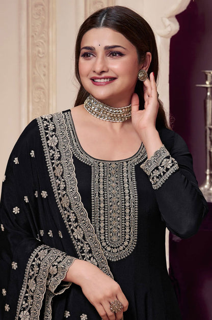 Black Bollywood Anarkali Suit In Chinnon SFEDC16103