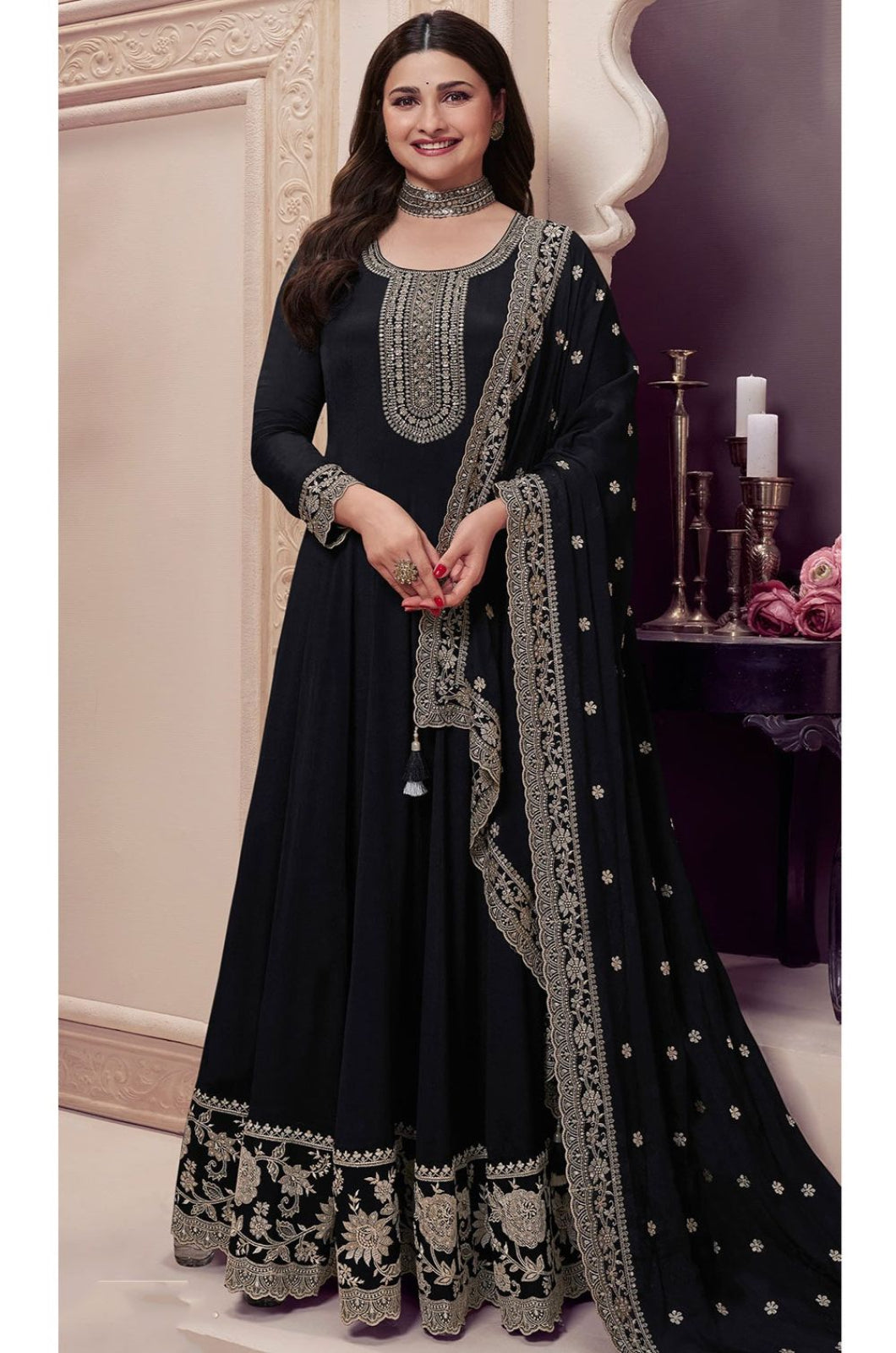 Black Bollywood Anarkali Suit In Chinnon SFEDC16103