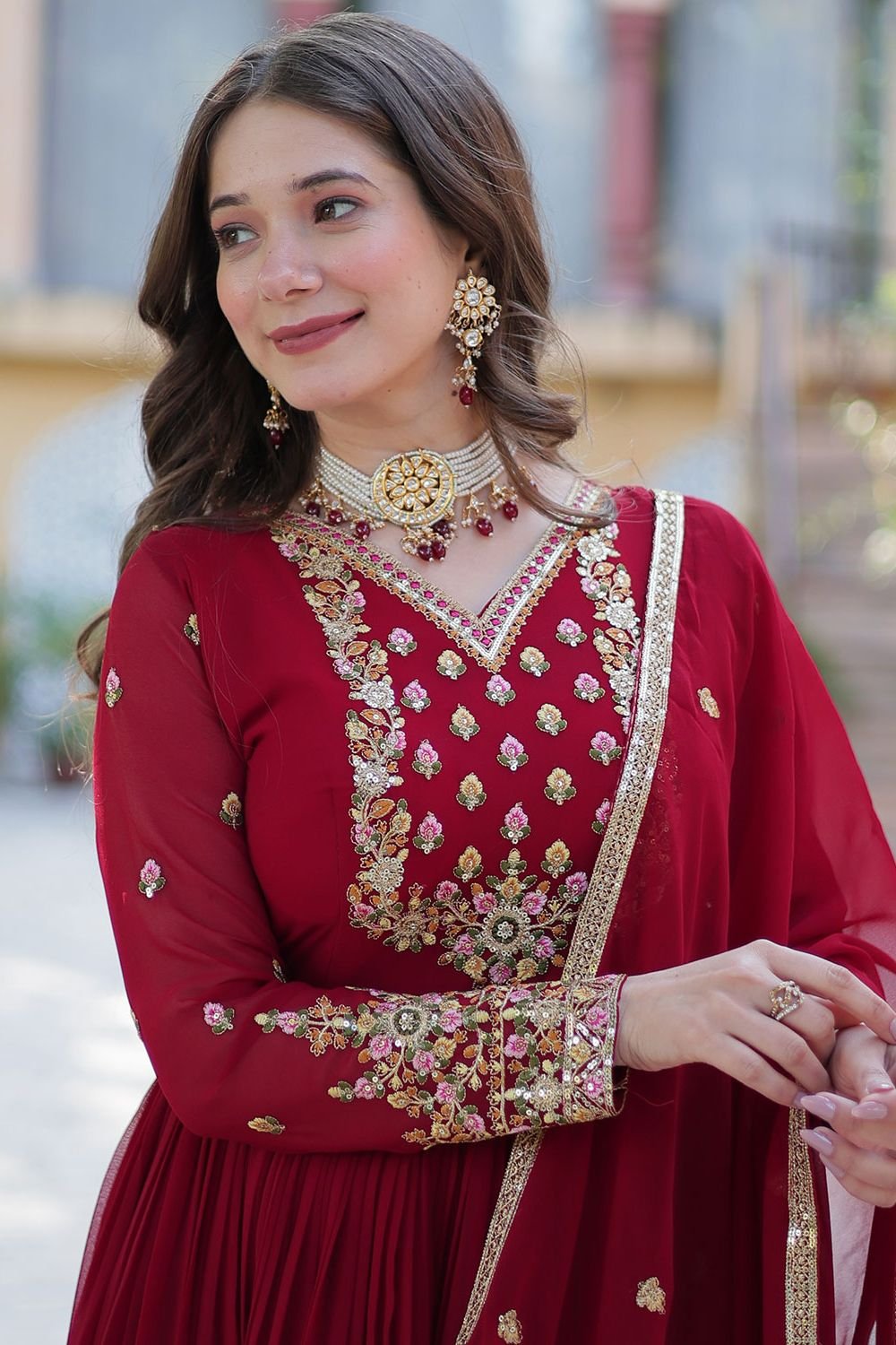 Maroon  Georgette Anarkali Gown With Sequin Work  SFNPV57901R