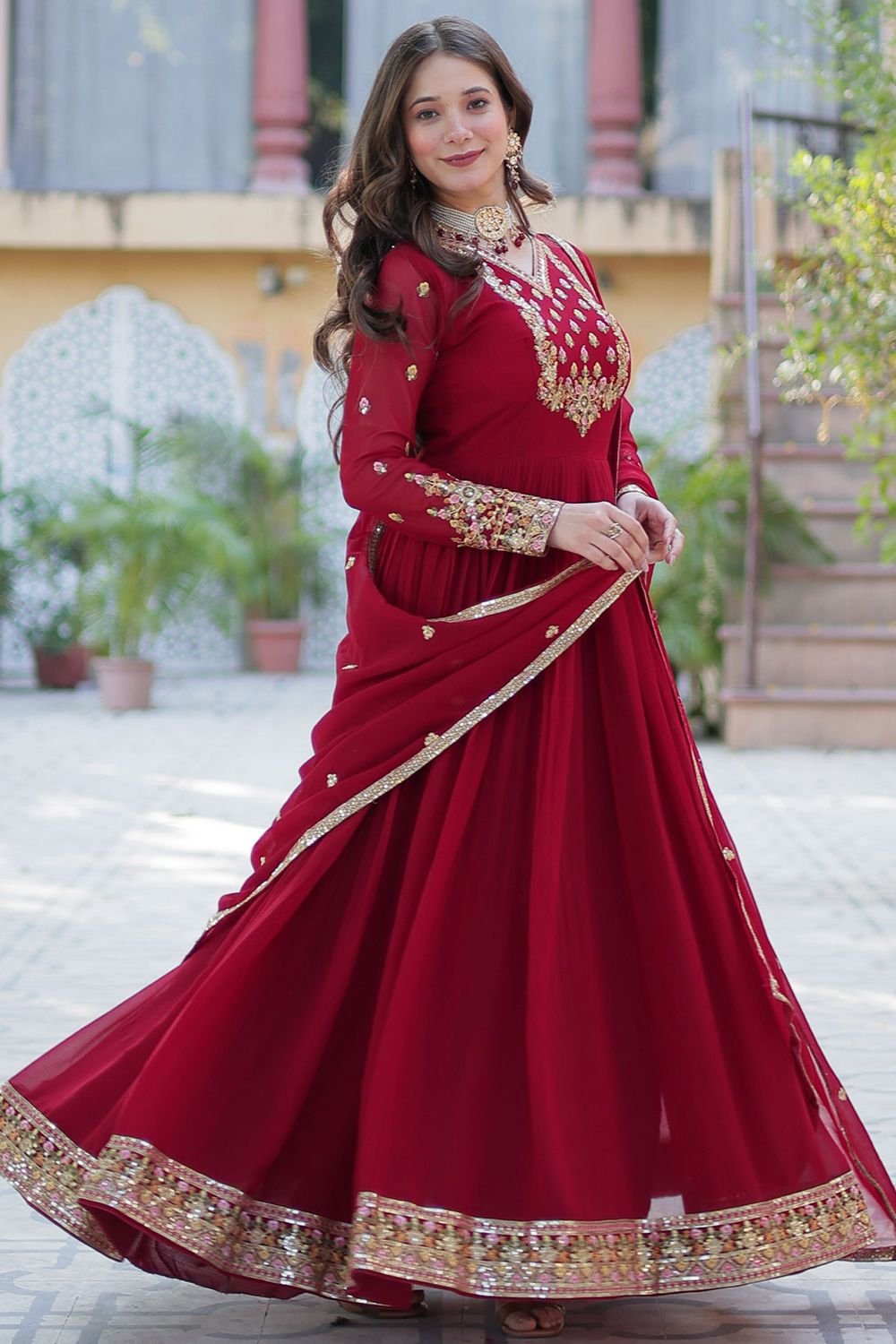 Maroon  Georgette Anarkali Gown With Sequin Work  SFNPV57901R