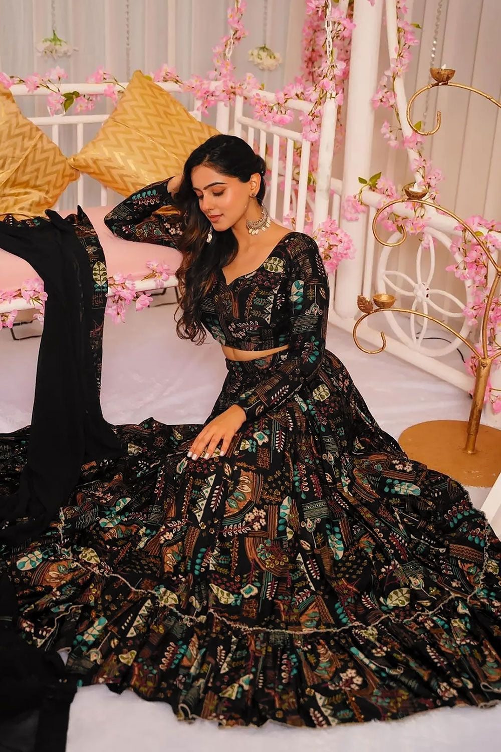 Black Printed Chinnon Lehenga Choli In Plus Size SFNPV65901R