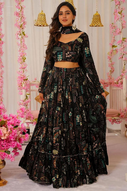 Black Printed Chinnon Lehenga Choli In Plus Size SFNPV65901R