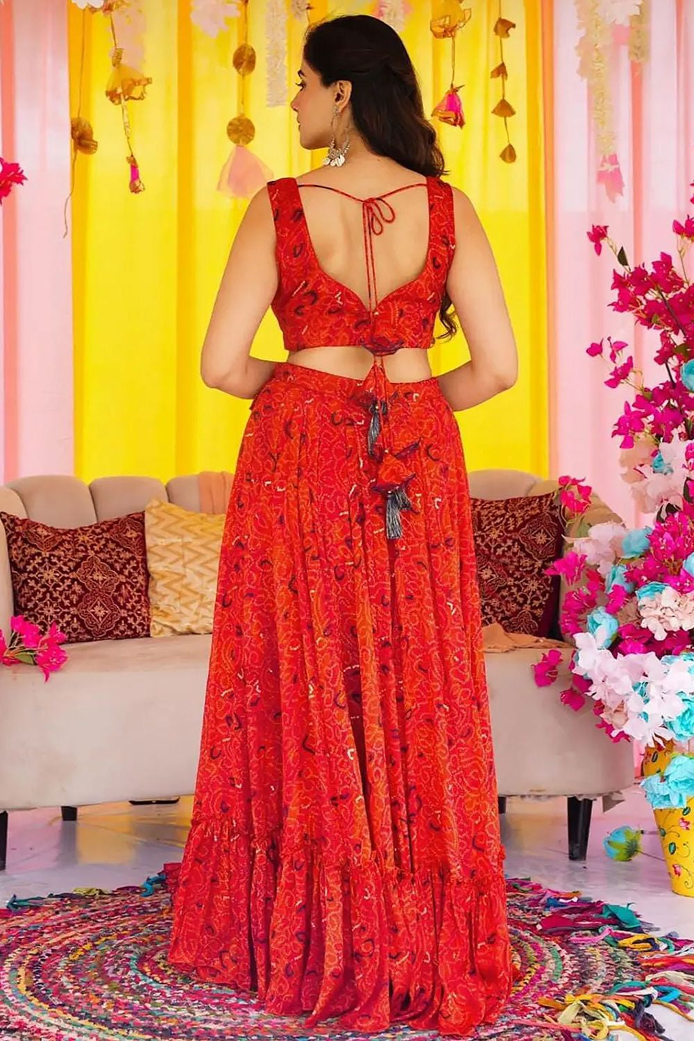 Red Printed Chinnon Lehenga Choli In Plus Size SFNPV65904R