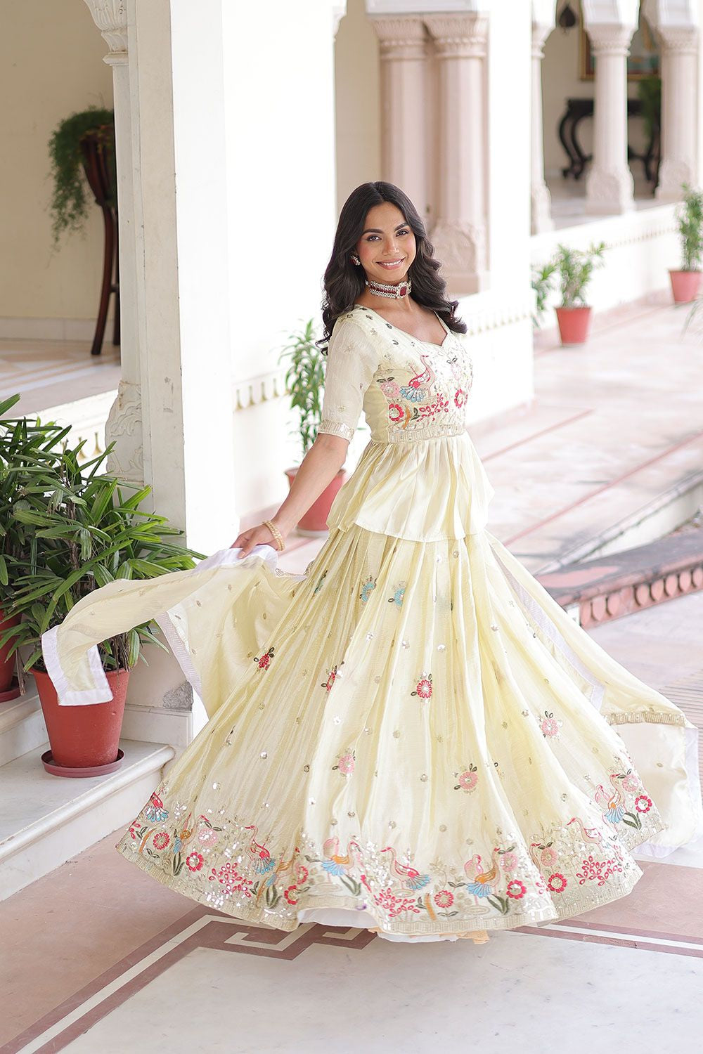 Cream Polyester Crush Party Lehenga Choli SFNPV68302