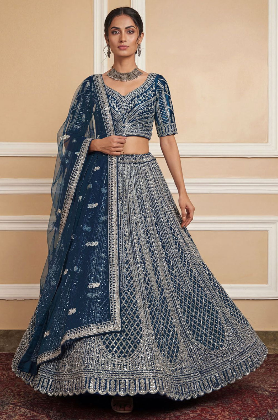 Blue Net Lehenga Choli - SFANJ3251