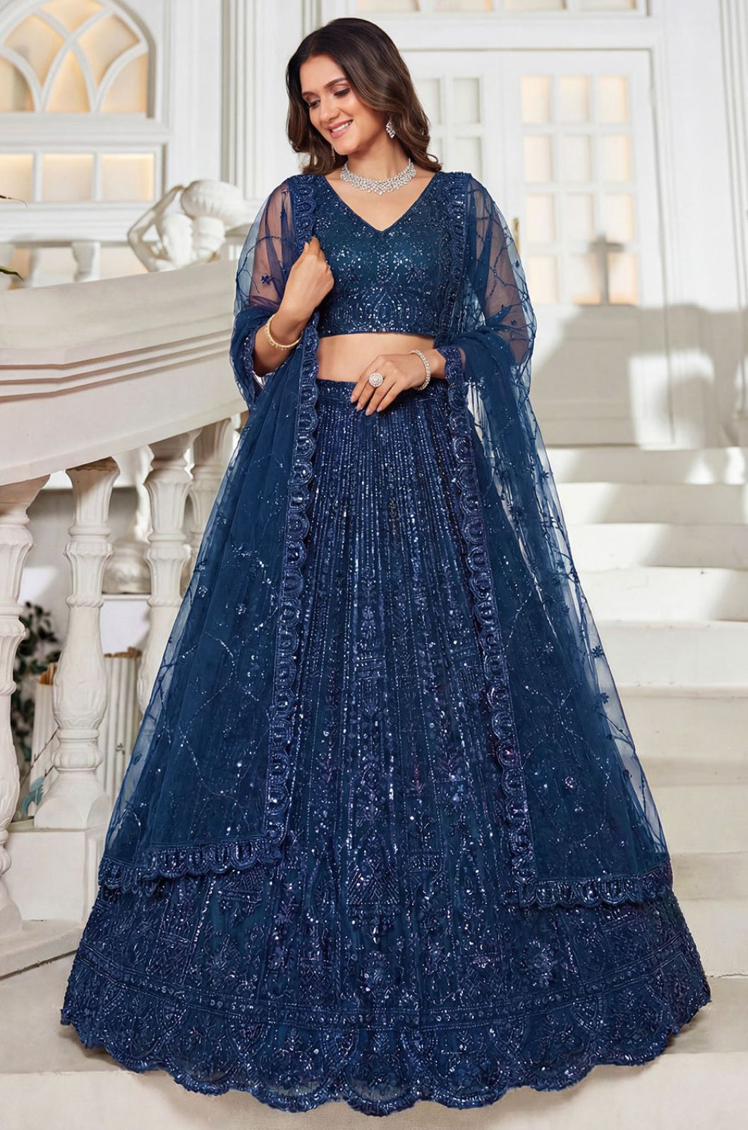 Blue Net Lehenga Choli - SFANJ3301