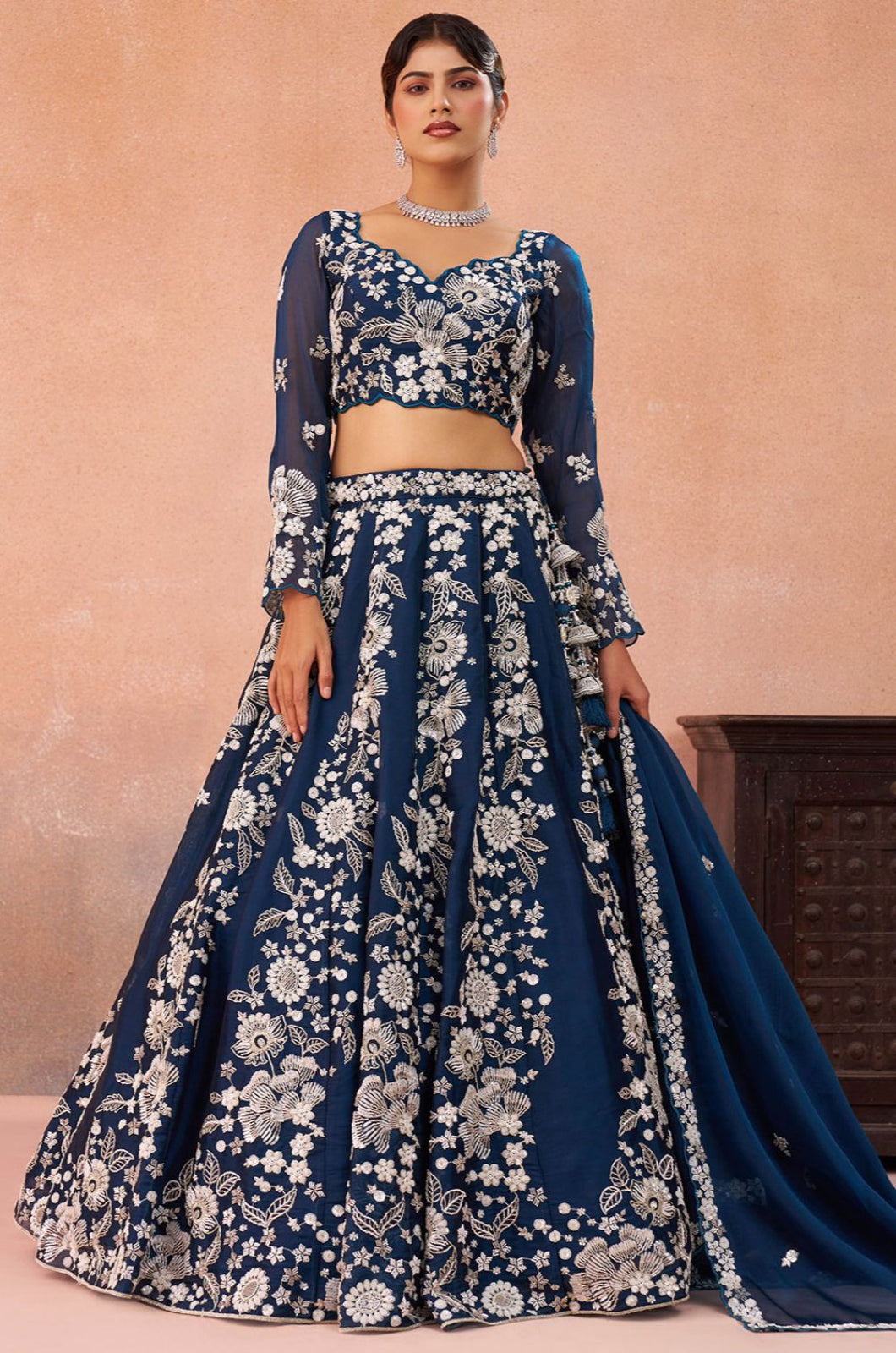 Blue Organza Lehenga Choli - SFROY571715