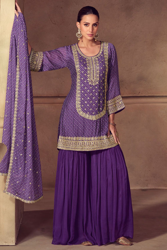 Purple Chinnon Palazzo Suit In Bandhani Print  SFYS156401R