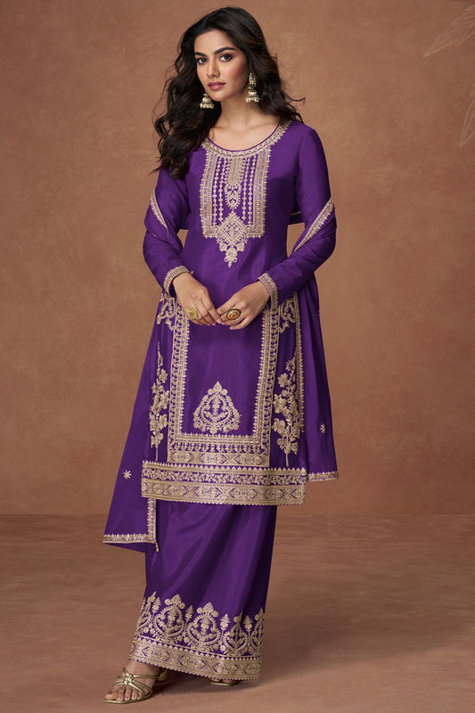 Purple Culture-wrapped Chinnon Silk Palazzo Suit SFYS155903R
