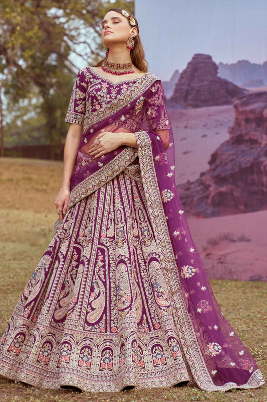 Purple Satin Silk Wedding Reception Lehenga Choli SFROY522472
