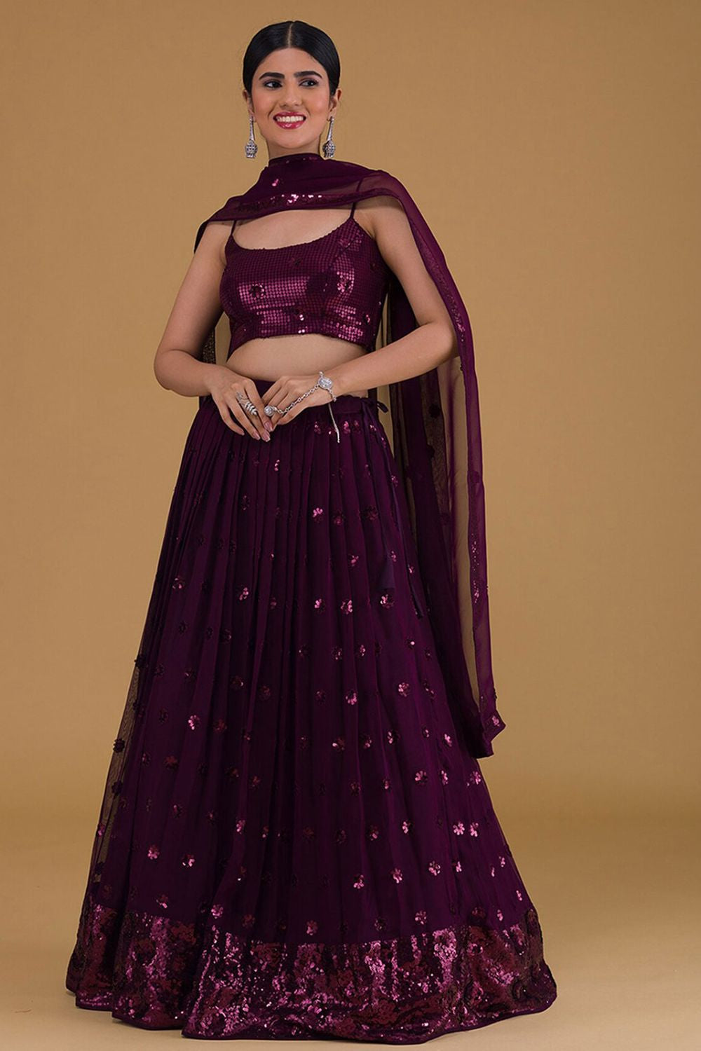 Purple Evening Party Georgette Lehenga Choli With Sequins Zari Work SFZC1903