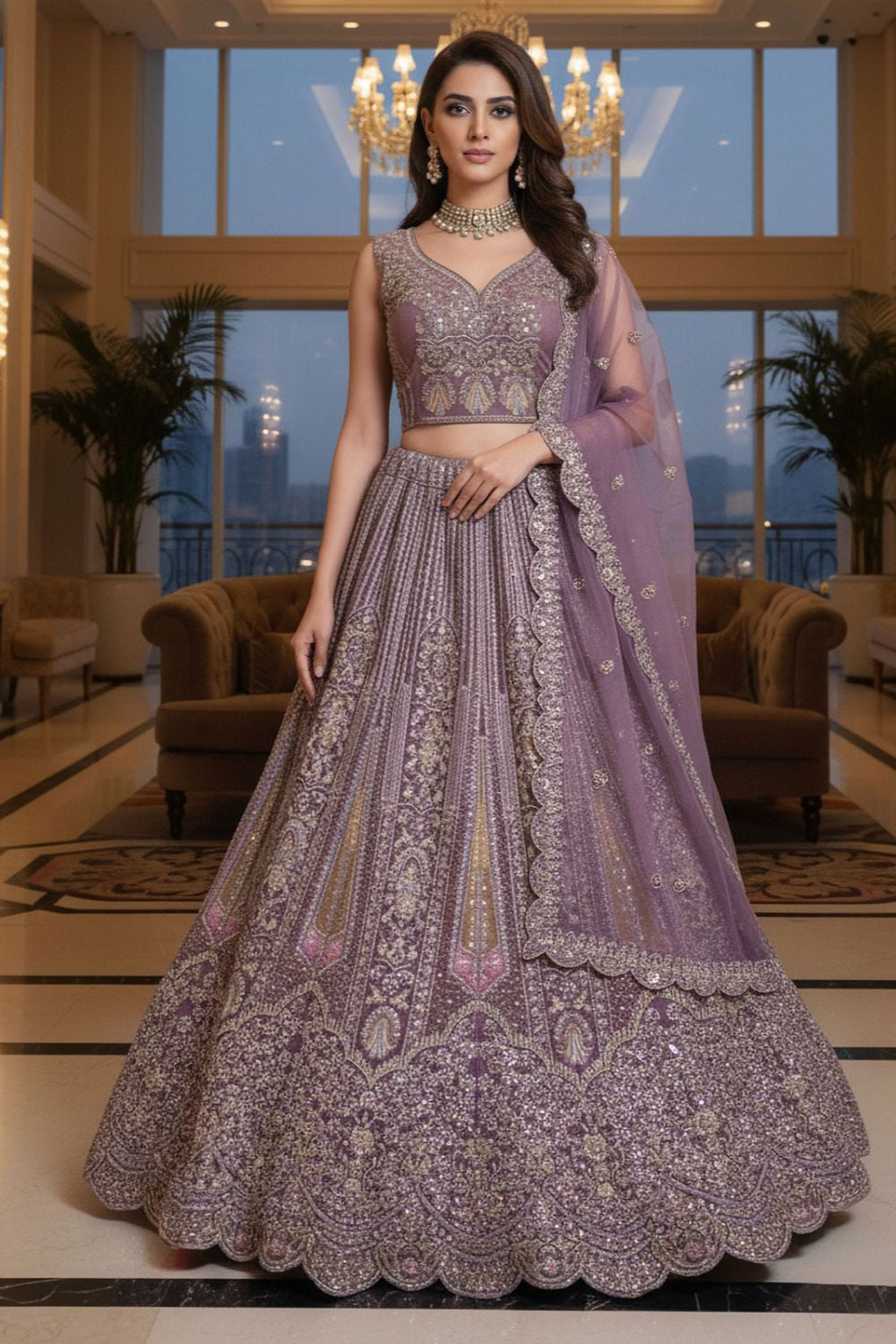 Purple Net Lehenga Choli - SFANJ3213