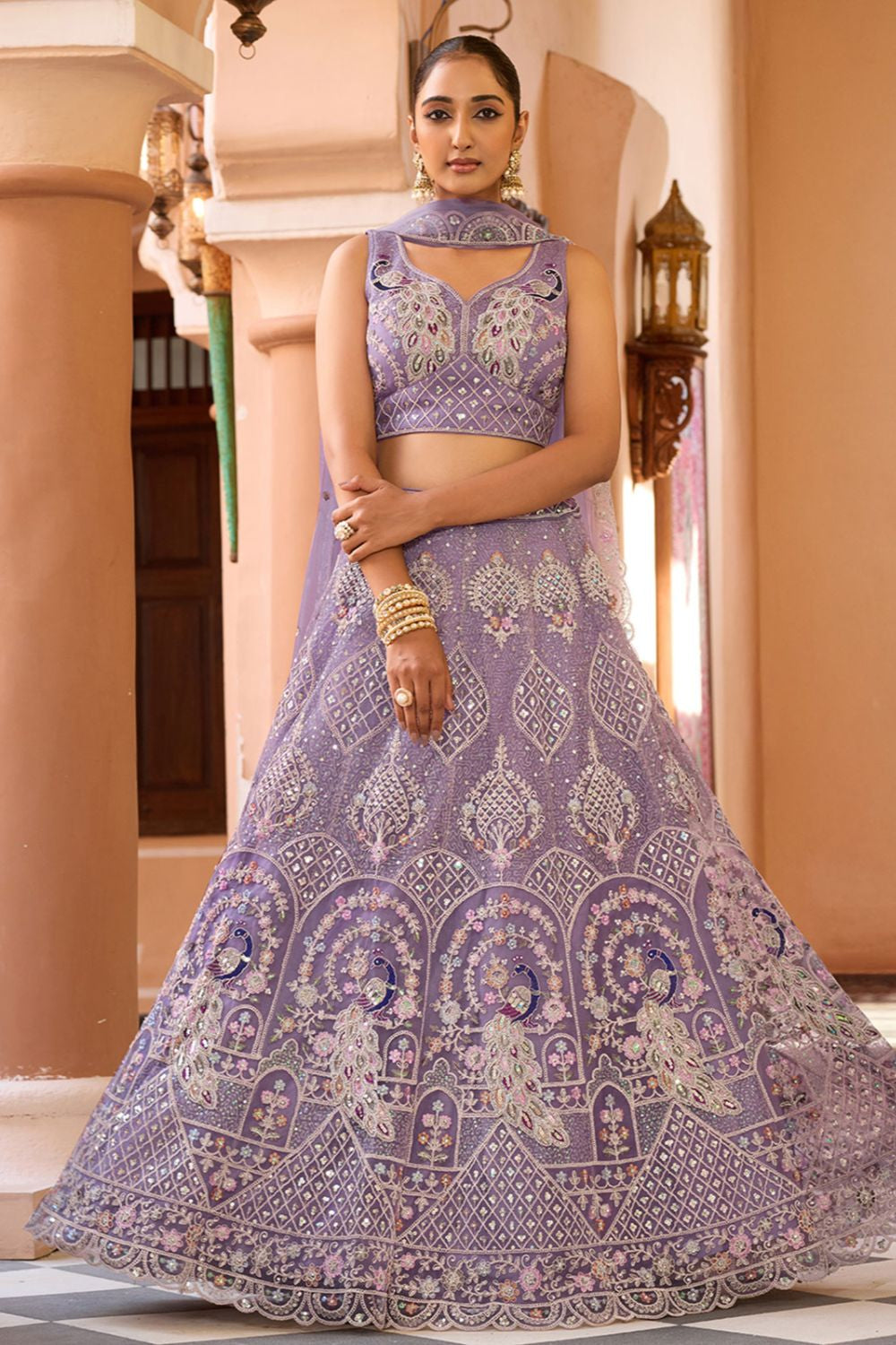 Purple Net Wedding Sangeet Lehenga Choli  SFPRF265606