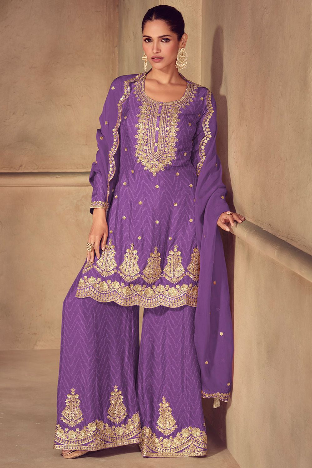 Purple Minimalist Chinnon Palazzo Suit With Zari Embroidery Work SFYS156103R