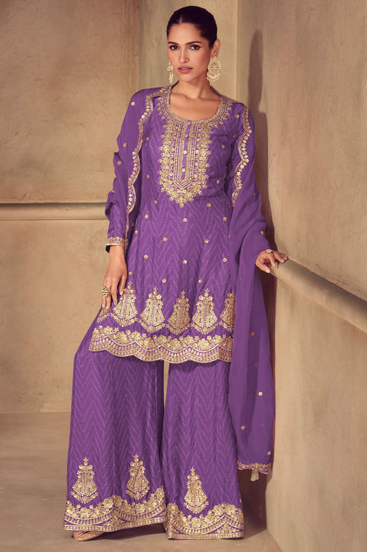 Purple Minimalist Chinnon Palazzo Suit With Zari Embroidery Work SFYS156103R