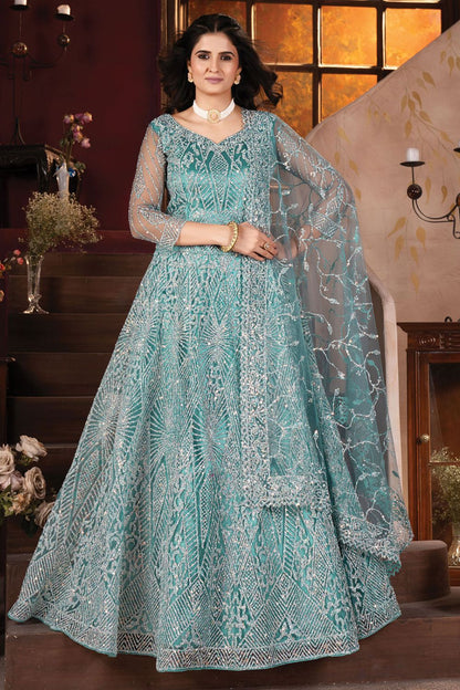 Blue Net Lehenga Choli With Zari And Resham Work SFRELS3804