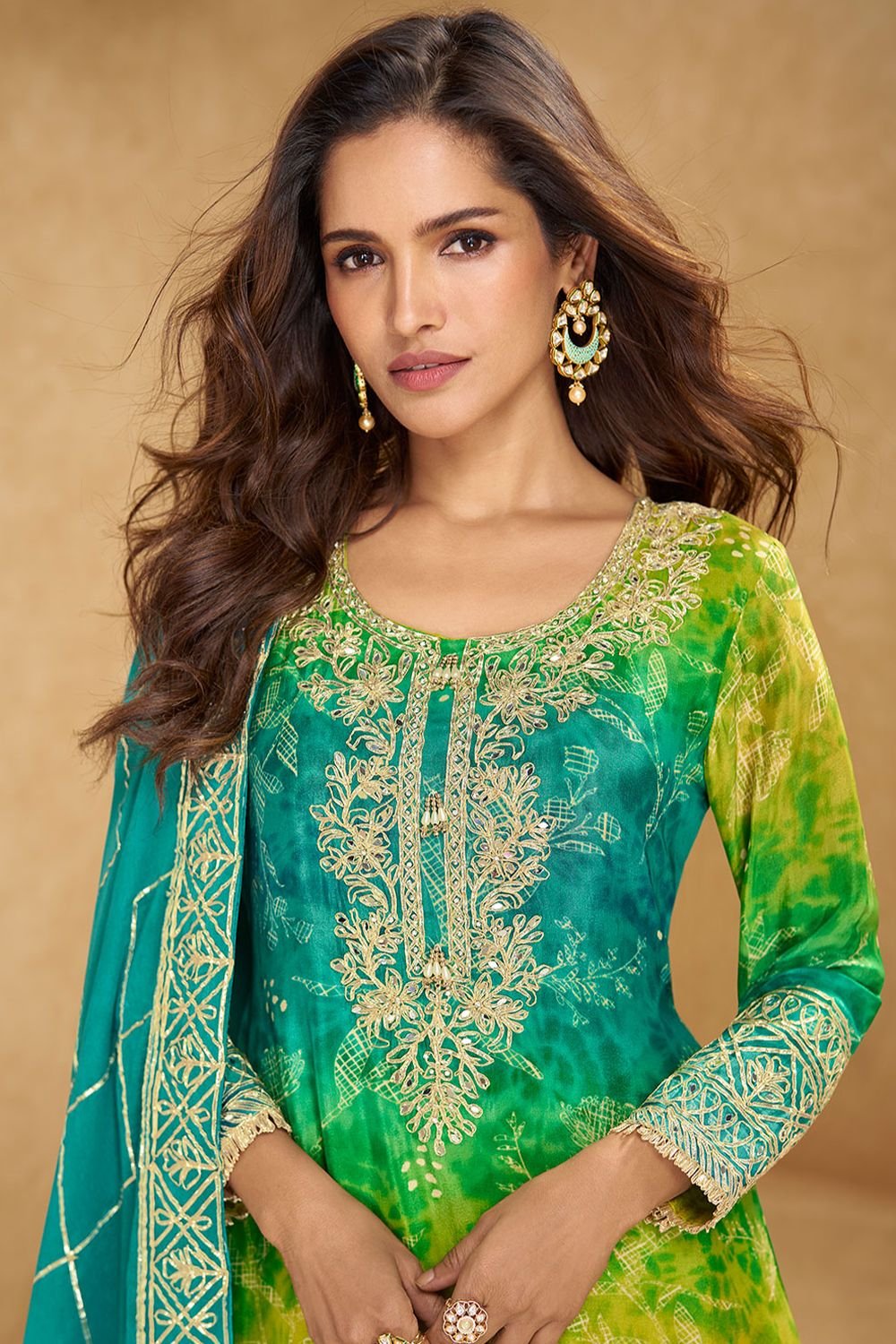 Green Silk Indian Sangeet Salwar Kameez  SFSMT46401R