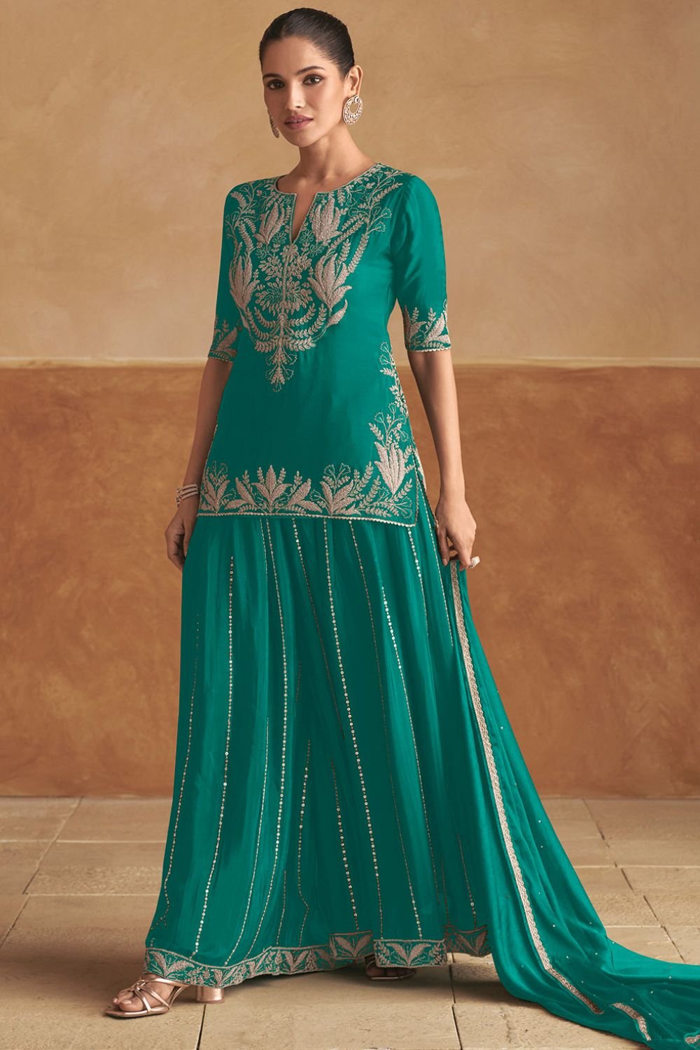 Green Sangeet Party Lehenga Choli Set In Chinnon SFSMT40705