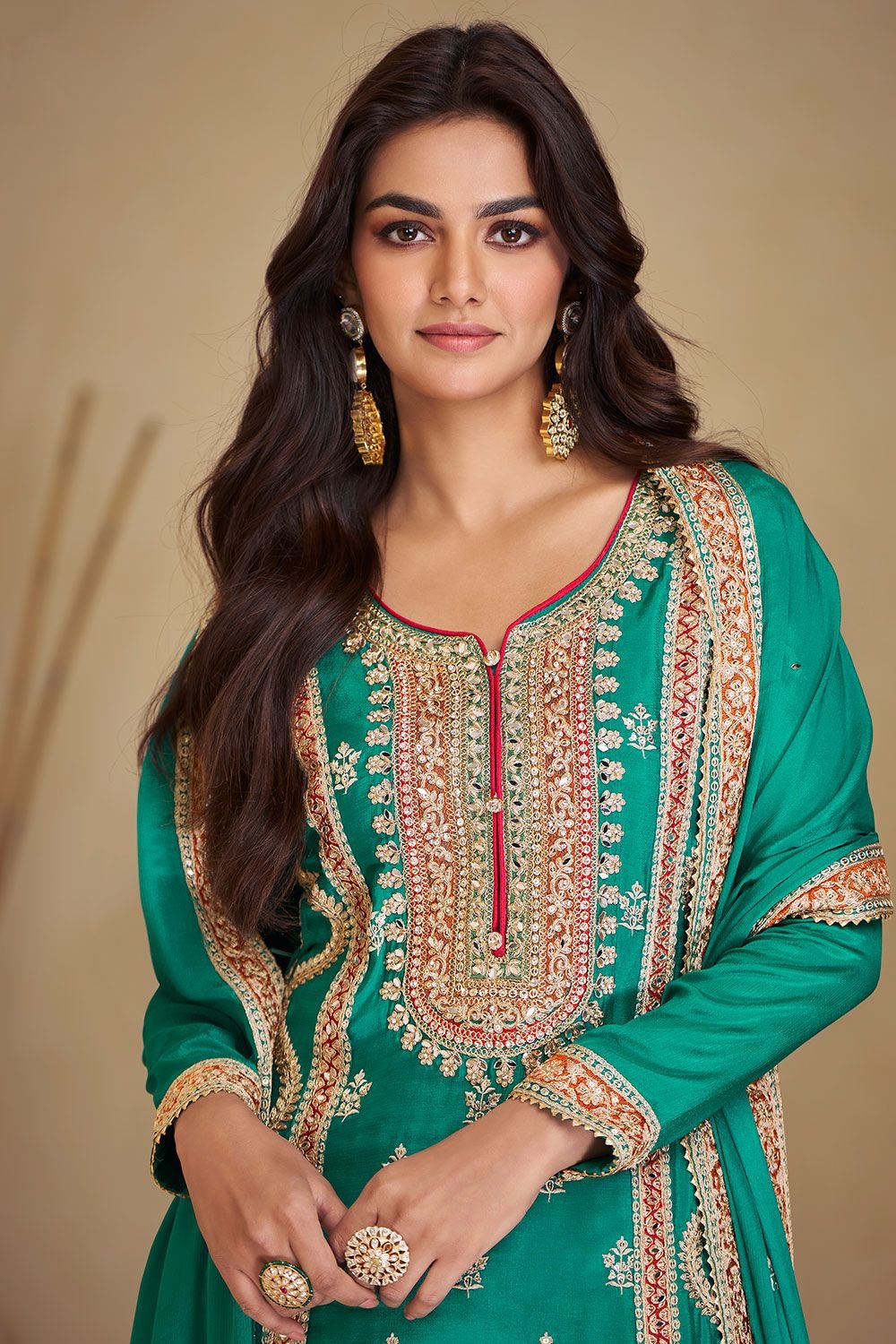 Polished Green Chinnon Salwar Kameez SFYS143403R