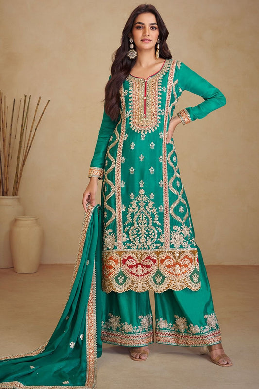 Polished Green Chinnon Salwar Kameez SFYS143403R