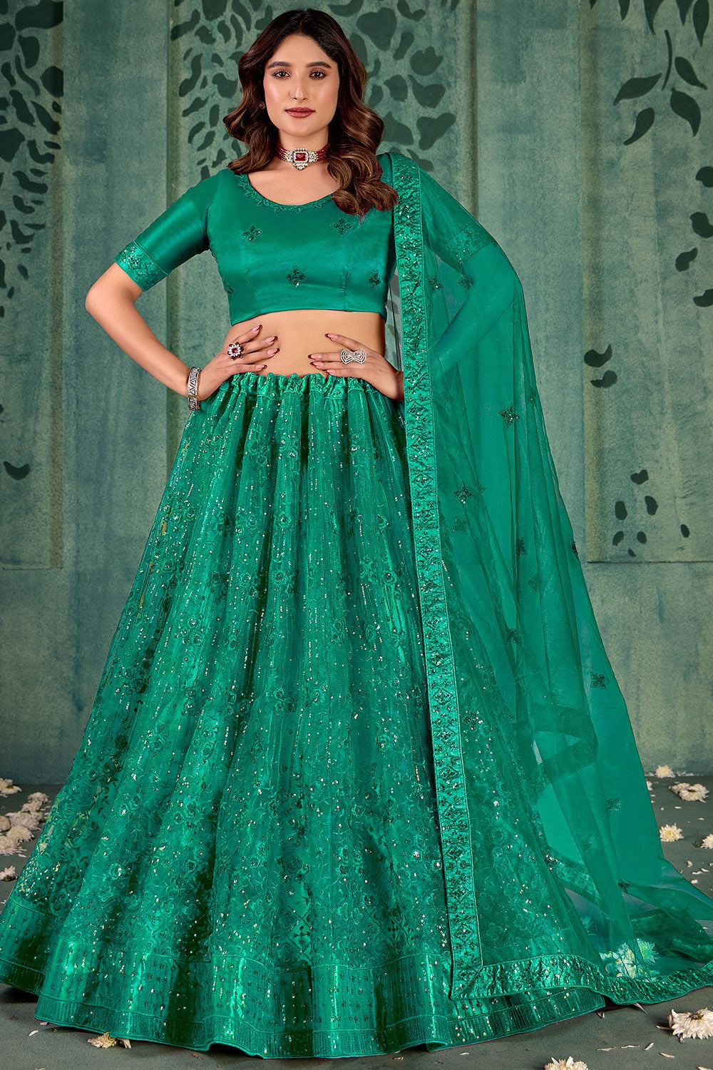 Green Wedding Party Sangeet Net Lehenga Set SFYS143203