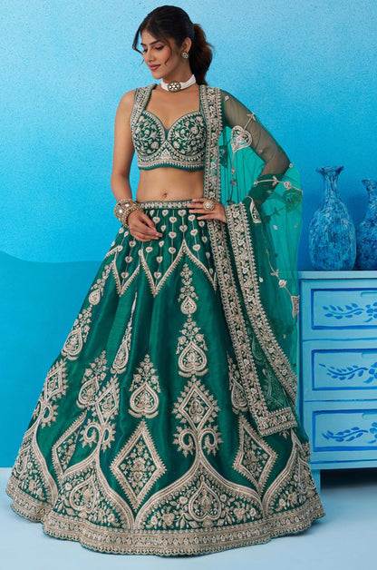 Green Silk Lehenga Choli - SFROY571814