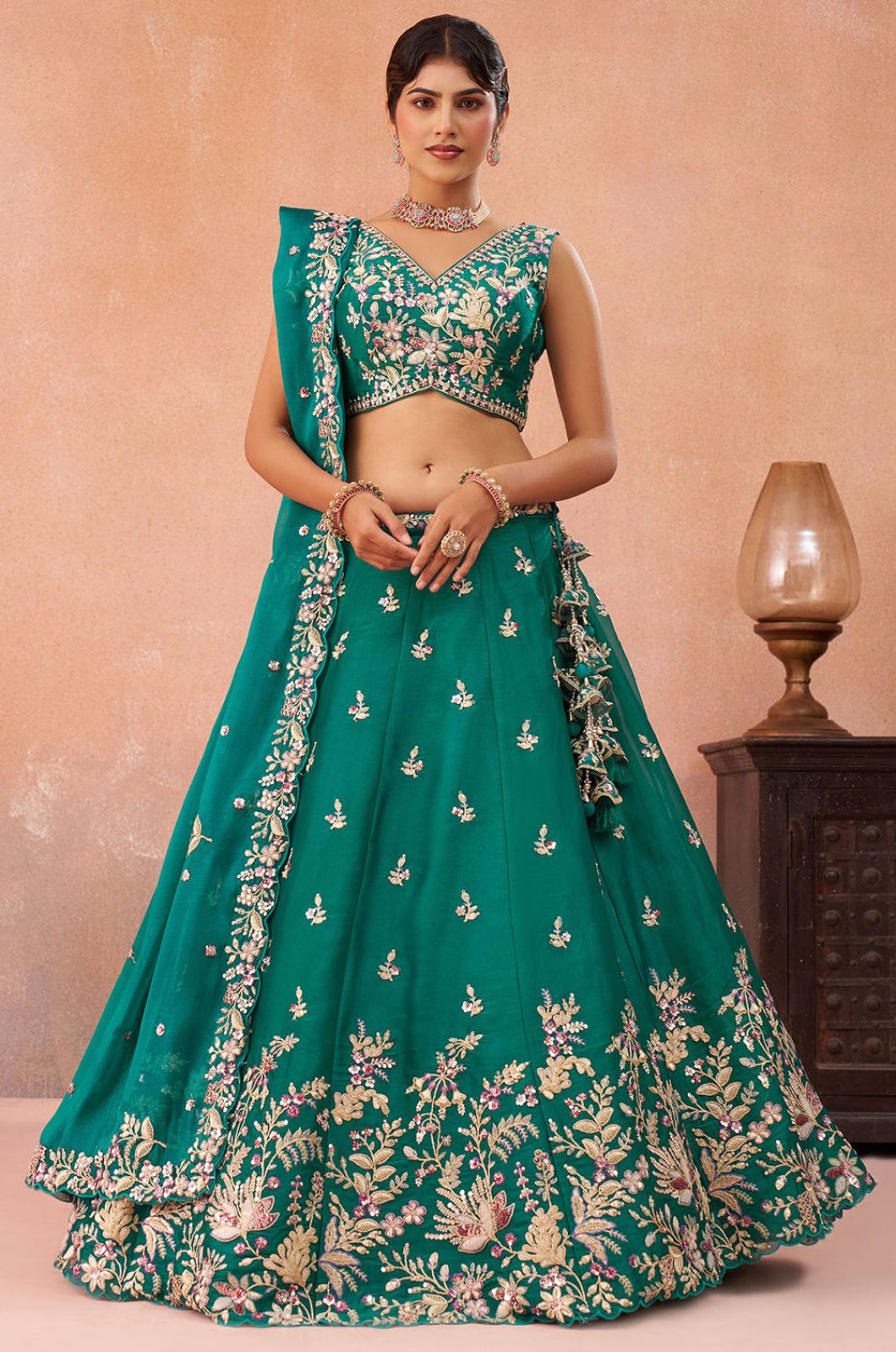 Green Tissue Lehenga Choli - SFROY571721