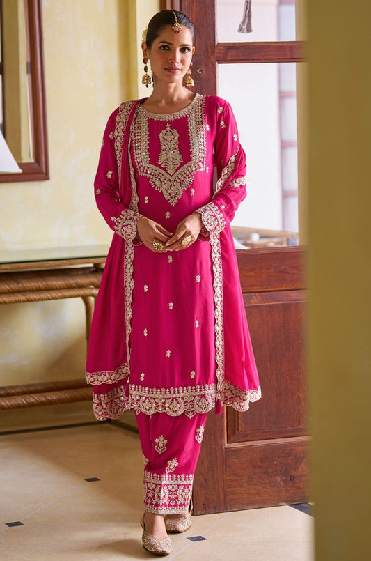 Rani Pink Chinnon Fabric Party Salwar Kameez SFSMT55901R