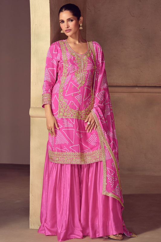 Rani Pink Chinnon Palazzo Suit In Bandhani Print SFYS156402R