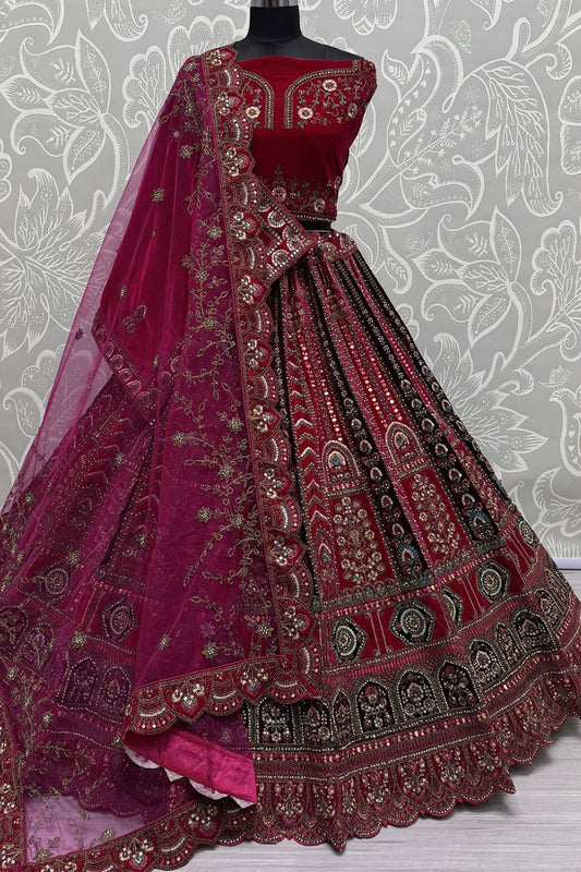 Pink Velvet Bridal Lehenga Choli Diamante Mirror work  SFANJ3053